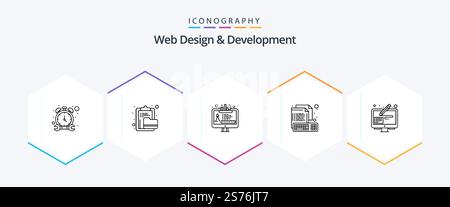 Web Design And Development 25 Line icon pack including file. creative. folder. computer. edit tool Stock Vector