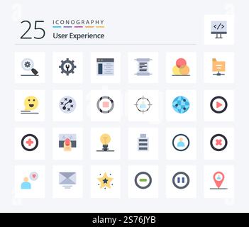 User Experience 25 Flat Color icon pack including files. wheel. web page. rgb. script Stock Vector