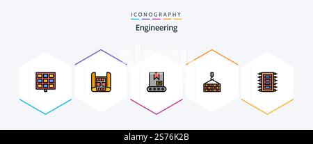 Engineering 25 FilledLine icon pack including connect. chip. crane. hardware. crane Stock Vector