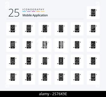Mobile Application 25 Solid Glyph icon pack including card. app. app. delete. close Stock Vector