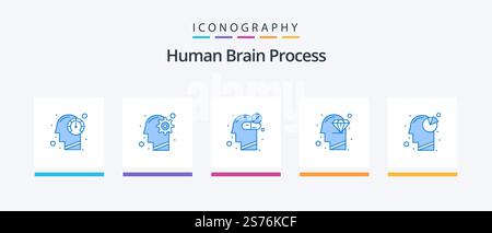 Human Brain Process Blue 5 Icon Pack Including perfection. head. process. diamond. healthy. Creative Icons Design Stock Vector