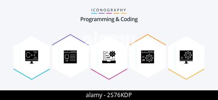 Programming And Coding 25 Glyph icon pack including develop. browser. page. programming. develop Stock Vector