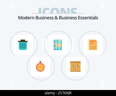 Modern Business And Business Essentials Flat Icon Pack 5 Icon Design. can. basket. date. trash. schedule Stock Vector