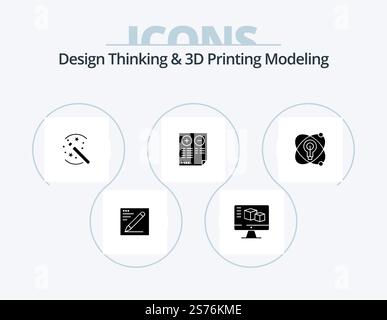 Design Thinking And D Printing Modeling Glyph Icon Pack 5 Icon Design. atom. plus. tricks. document. pros Stock Vector