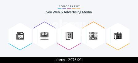 Seo Web And Advertising Media 25 Line icon pack including cloud. data. branding. server. notebook Stock Vector