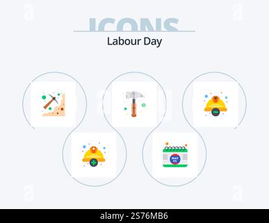 Labour Day Flat Icon Pack 5 Icon Design. cap. hammer. time. claw hammer. pick Stock Vector