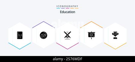 Education 25 Glyph icon pack including . progress. pencil. education. presentation Stock Vector