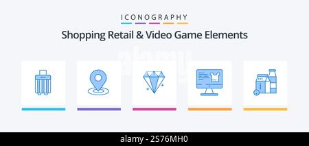 Shoping Retail And Video Game Elements Blue 5 Icon Pack Including box . shopping. diamond. monitor . computer. Creative Icons Design Stock Vector