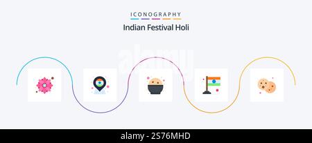 Holi Flat 5 Icon Pack Including holi. bread. food. india. country Stock Vector