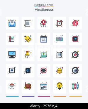 Creative Miscellaneous 25 Line FIlled icon pack  Such As info. . location. watch. alarm Stock Vector