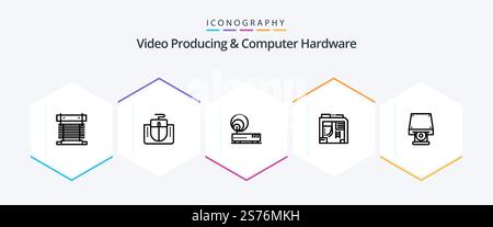 Video Producing And Computer Hardware 25 Line icon pack including dvd. case. computer. box. network Stock Vector