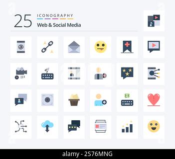 Web And Social Media 25 Flat Color icon pack including mail. video. open. media. tag Stock Vector