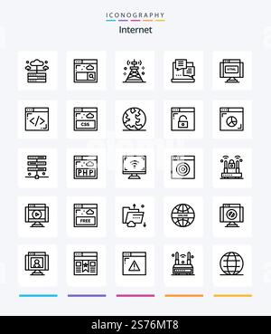 Creative Internet 25 OutLine icon pack  Such As find. web. network. script. development Stock Vector