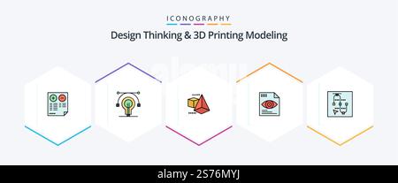 Design Thinking And D Printing Modeling 25 FilledLine icon pack including screen . computing. educat. eye . file Stock Vector