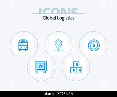 Global Logistics Blue Icon Pack 5 Icon Design. dollar coin. pin. auto. location. transport Stock Vector