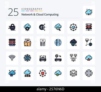 Network And Cloud Computing 25 Line Filled icon pack including computing. network. computing. cloud computing. research Stock Vector