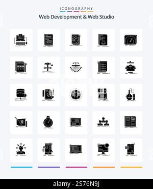 Creative Web Development And Web Studio 25 Glyph Solid Black icon pack  Such As list. categories. page. development. web Stock Vector