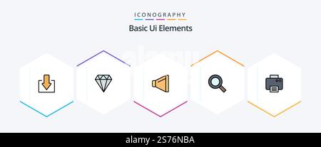 Basic Ui Elements 25 FilledLine icon pack including machine. print. speaker. printer. zoom Stock Vector