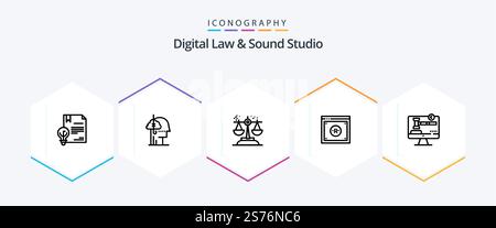 Digital Law And Sound Studio 25 Line icon pack including digital. business. habit. law. court Stock Vector