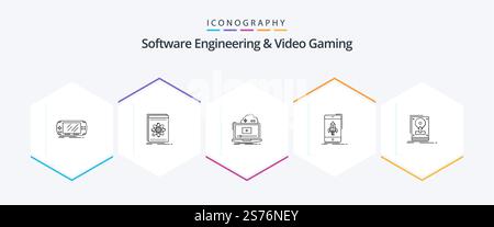 Software Engineering And Video Gaming 25 Line icon pack including start. game. platform. video. online Stock Vector