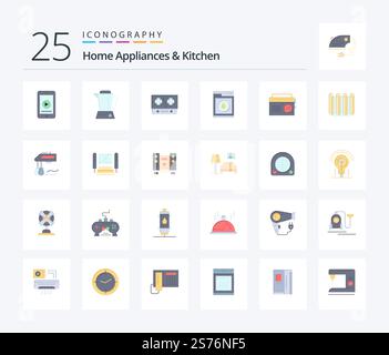 Home Appliances And Kitchen 25 Flat Color icon pack including music. robbot. stove. washing. laundry Stock Vector
