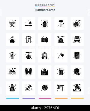 Creative Summer Camp 25 Glyph Solid Black icon pack  Such As cooking. motorhome. gas. camping. power tools Stock Vector