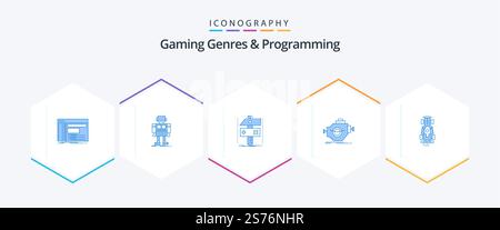 Gaming Genres And Programming 25 Blue icon pack including industry. game. robot. developer. craft Stock Vector