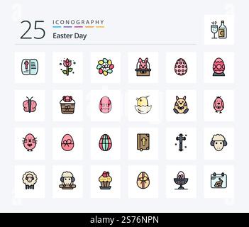 Easter 25 Line Filled icon pack including butterfly. egg. bascket. easter egg. decoration Stock Vector