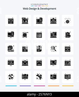 Creative Web Design And Development 25 Glyph Solid Black icon pack  Such As laptop. idea. device. design. coding Stock Vector