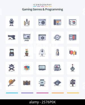 Creative Gaming Genres And Programming 25 Line FIlled icon pack  Such As panel. admin. math. terminal. root Stock Vector