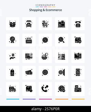 Creative Shopping And Ecommerce 25 Glyph Solid Black icon pack  Such As telephone. contact. add. bag. shop Stock Vector