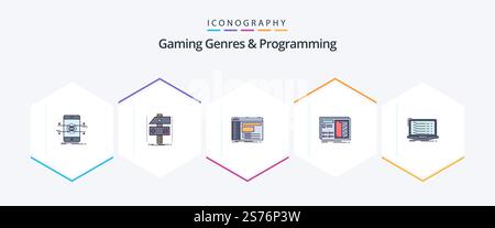 Gaming Genres And Programming 25 FilledLine icon pack including design. developer. software. panel Stock Vector