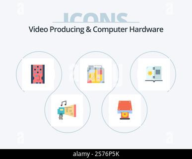Video Producing And Computer Hardware Flat Icon Pack 5 Icon Design. computer. box. disk rom. atx. solid Stock Vector
