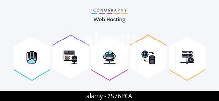 Web Hosting 25 FilledLine icon pack including server. database. database. web. world Stock Vector