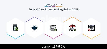 Gdpr 25 FilledLine icon pack including gdpr. tick. network. security. calendar Stock Vector