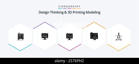 Design Thinking And D Printing Modeling 25 Glyph icon pack including education. compass. building. computing. setting Stock Vector