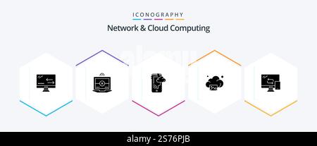 Network And Cloud Computing 25 Glyph icon pack including networking. computing. connection. technology. gallery Stock Vector
