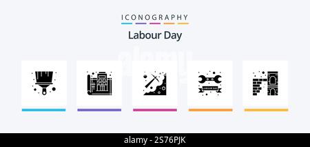 Labour Day Glyph 5 Icon Pack Including day. tool. cave. repair. pickaxe. Creative Icons Design Stock Vector