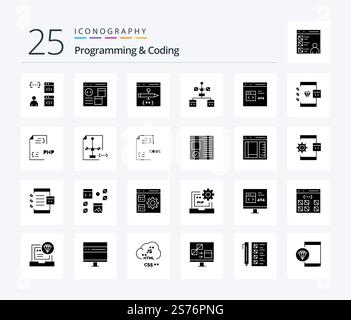 Programming And Coding 25 Solid Glyph icon pack including develop. browser. document. document. develop Stock Vector