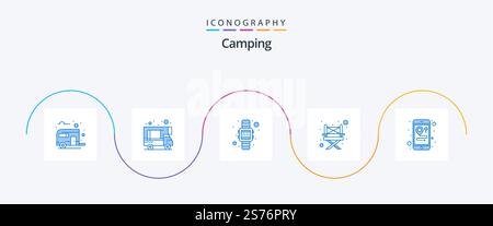 Camping Blue 5 Icon Pack Including mobile. location. digital. chair. camp Stock Vector