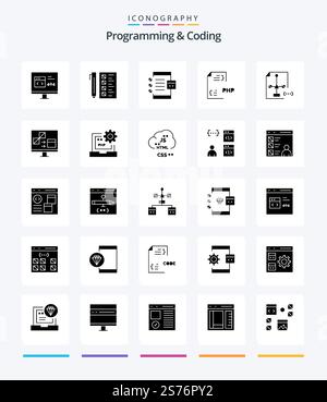 Creative Programming And Coding 25 Glyph Solid Black icon pack  Such As development. coding. development. device. develop Stock Vector