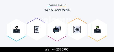 Web And Social Media 25 FilledLine icon pack including . mail. man. chat. video Stock Vector
