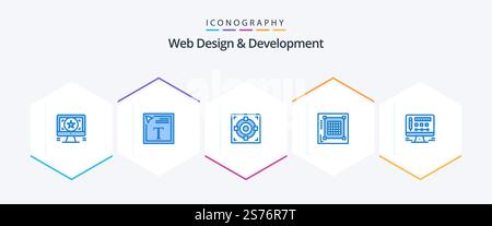 Web Design And Development 25 Blue icon pack including monitor. web. target. layout. design Stock Vector