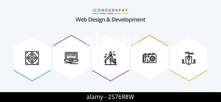 Web Design And Development 25 Line icon pack including . design . design. camera . graphic Stock Vector