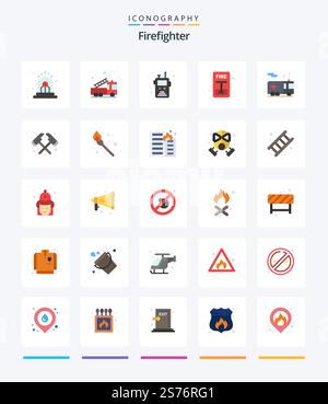 Creative Firefighter 25 Flat icon pack  Such As emergency. evacuate. truck. escape. fire Stock Vector