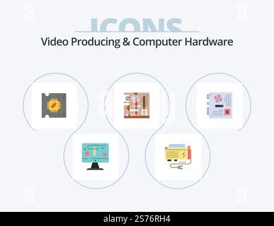 Video Producing And Computer Hardware Flat Icon Pack 5 Icon Design. mother. main. source. computer. processor chip Stock Vector