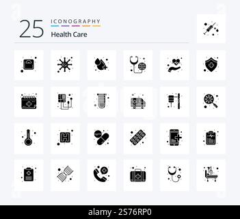 Health Care 25 Solid Glyph icon pack including hands. stethoscope. blood. medical. global health Stock Vector
