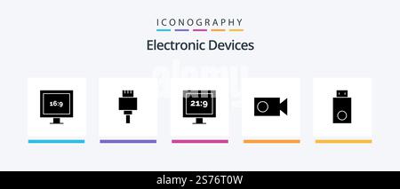 Devices Glyph 5 Icon Pack Including . products. tv. electronics. devices. Creative Icons Design Stock Vector