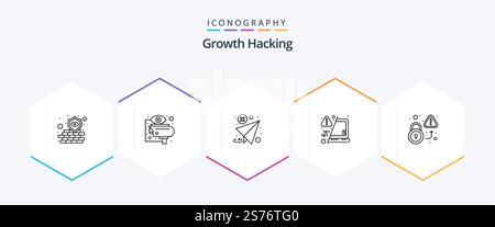 Hacking 25 Line icon pack including warn. laptop. view. decode. send Stock Vector