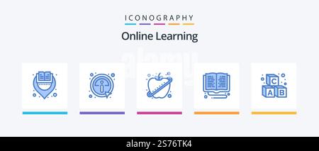 Online Learning Blue 5 Icon Pack Including alphabet. online learning. apple. online. education. Creative Icons Design Stock Vector